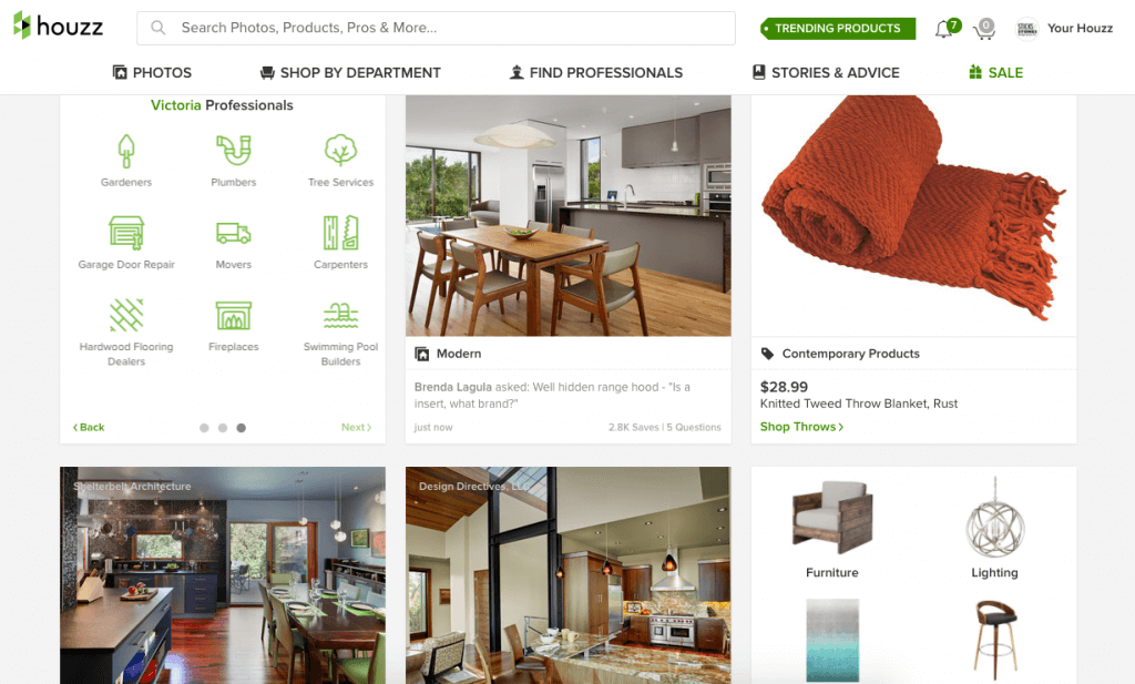 Screenshot of a Houzz home page